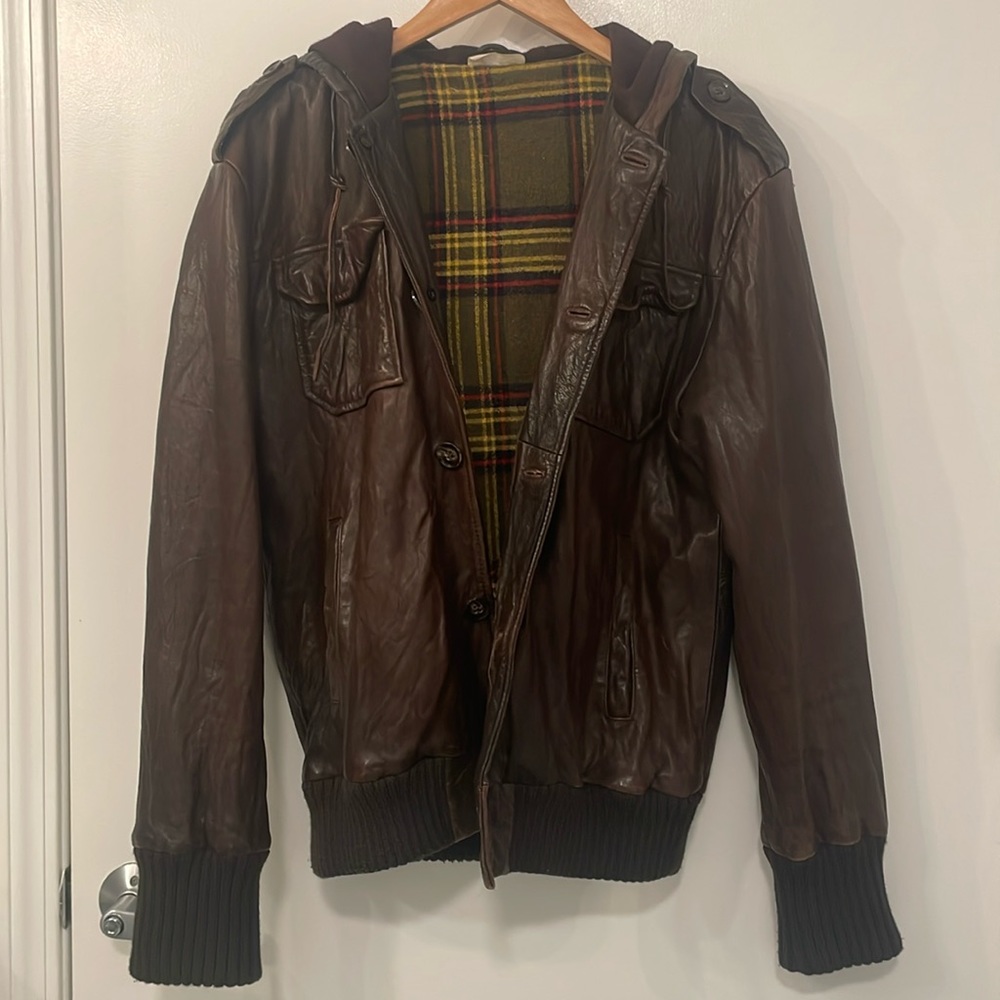 Live.better.ever. leather hooded jacket.